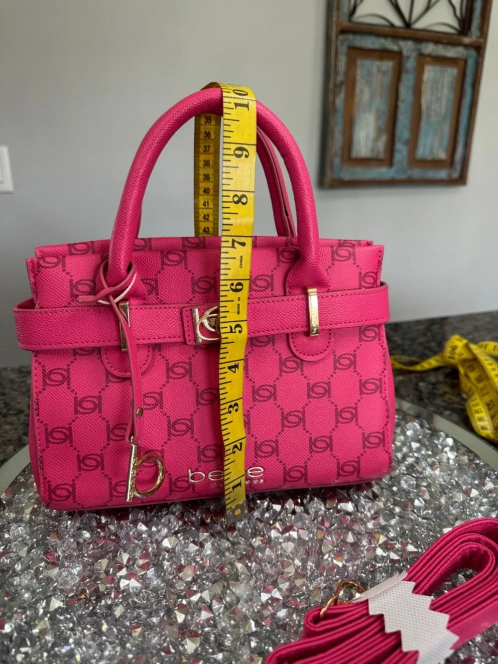 bebe Hot Pink Logo small Satchel with Gold-Tone Hardware and crossbody strap - Picture 11 of 16